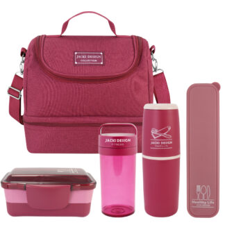 Kit de Bolsa Térmica c/ 2 Compartimentos, Copo e Marmita, Porta Talher e Porta Escova